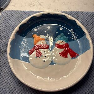St Nicholas Square “snow days” Snowman Ceramic pie plate- Red & Blue Accents